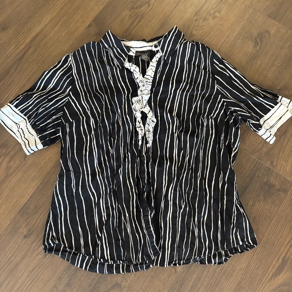 Lane Bryant Black and White Striped Button Down Shirt With Ruffled Placket